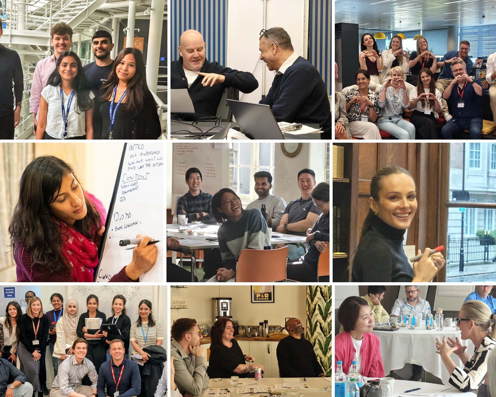 Collage of participants laughing, talking and practising together during Inner Leader workshops